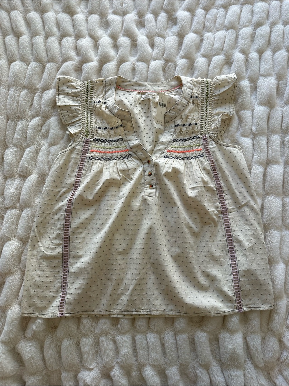 Anthropologie Cotton Boho Cream Eclectic Embroidered Flutter Sleeve Top Size L